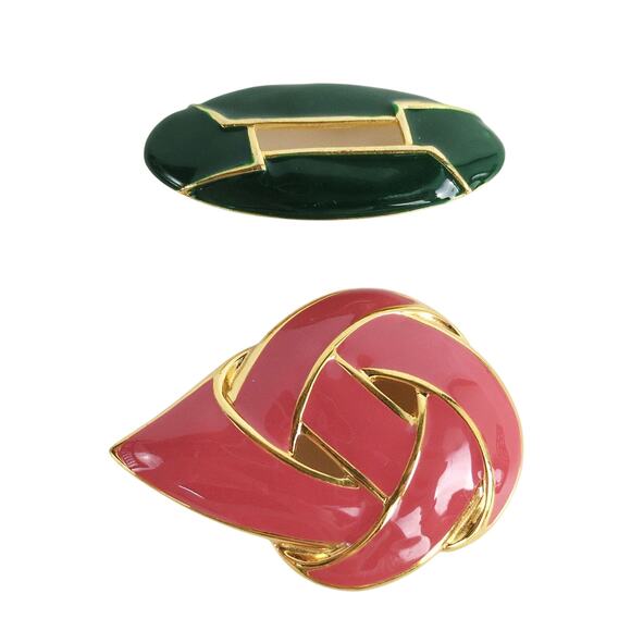 Vintage Napier Signed Goldtone Pink Enamel 2.25" Pendant & 2" Green Brooch Pin - Picture 5 of 5